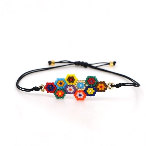 Handmade Beaded Flower Bracelet – Colorful Adjustable Cord Design - Picture 1 of 2